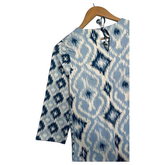 Gretchen Scott Dress Womens Small Blue White Ikat 3/4 Sleeve Shift Pockets - Picture 12 of 15
